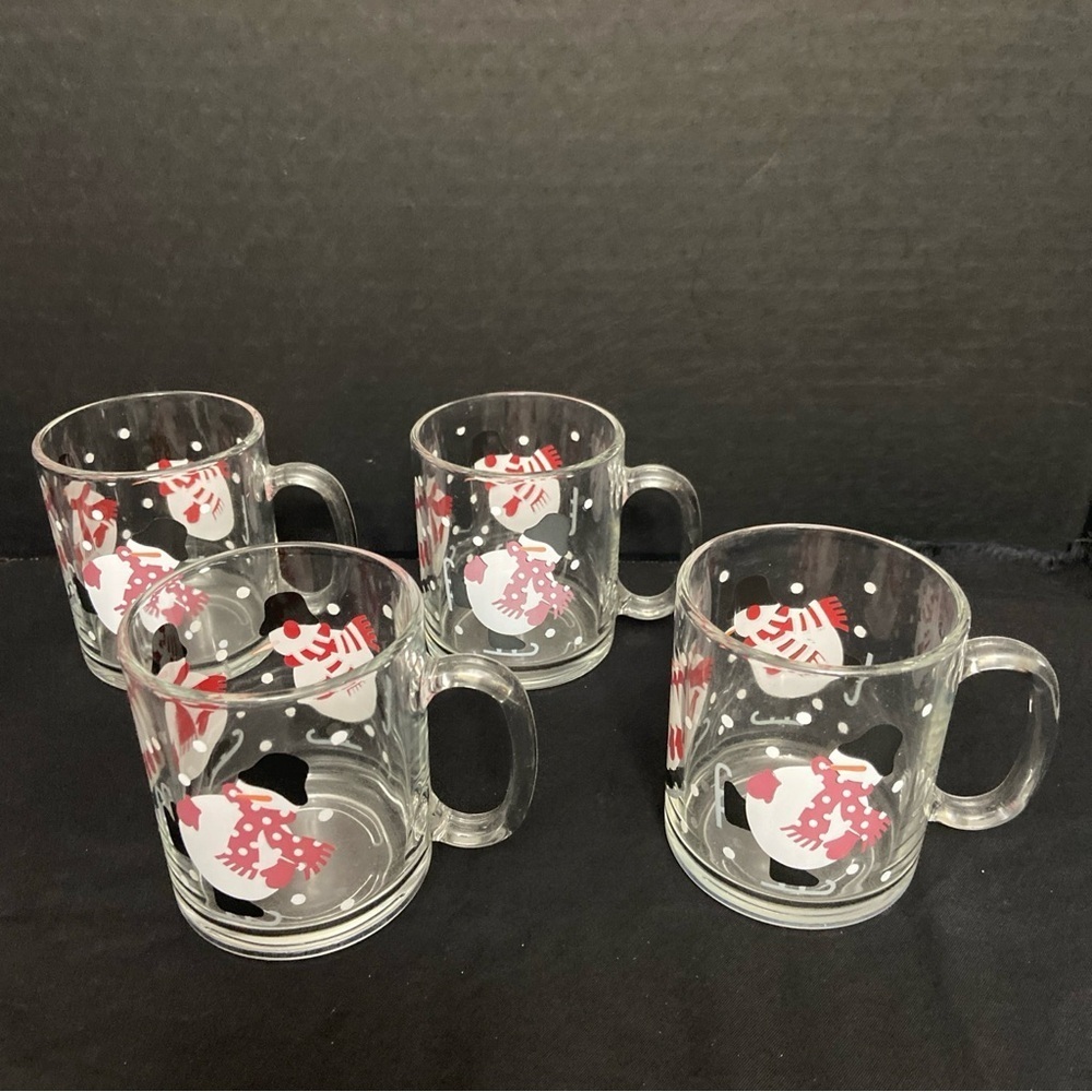 Snowman Mugs Clear Glass Cups Set of 4. Holiday Cheer Coffee Tea‎ Eggnog Cocoa